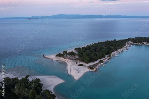 Aerial view of Glarokavos beach in Kassandra peninsula. Chalkidiki, Greece	