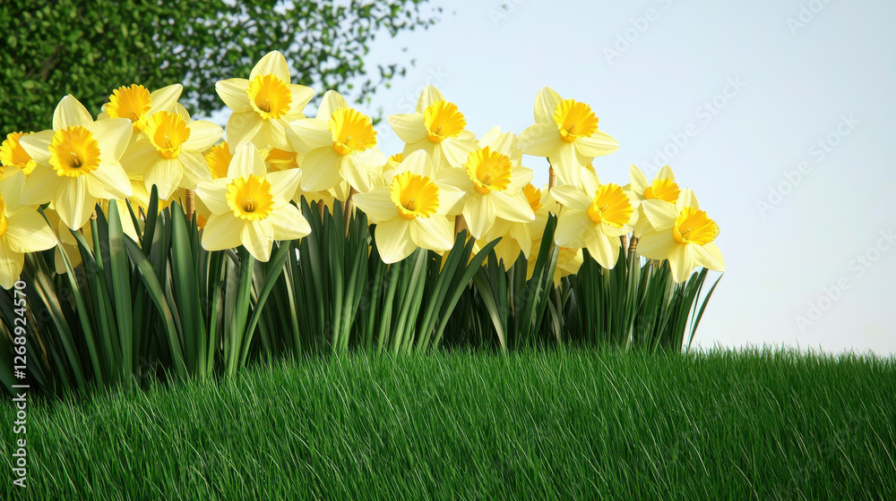 Fototapeta premium Bright yellow daffodils blooming in lush green grass under clear sky