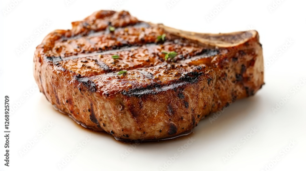 A grilled pork chop with a seared surface, garnished with herbs, presented on a white background. A grilled pork chop with a seared surface, garnished with herbs, presented on a white background.