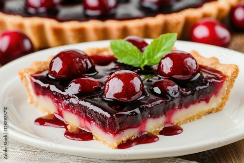 A bright and flavorful cherry tart. Delicious cherry tart with a glossy glaze and mint garnish on a white plate. photo