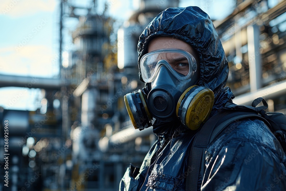 A person in protective gear stands near an industrial facility, showcasing safety measures in hazardous environments. A person in protective gear stands near an industrial facility, showcasing safety measures in hazardous environments.