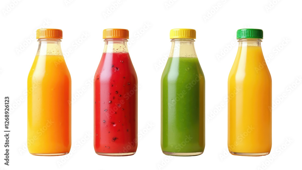 Four Colorful Bottles of Fresh Fruit Vegetable Juices Healthy Drinks Smoothie Selection Four Colorful Bottles of Fresh Fruit Vegetable Juices Healthy Drinks Smoothie Selection