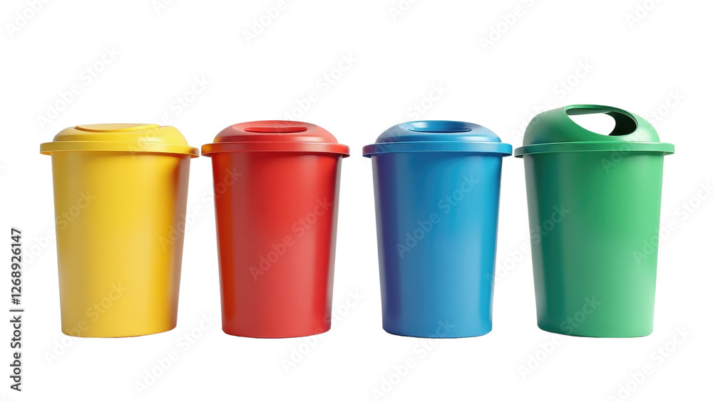 Four Colorful Recycling Bins Yellow Red Blue Green Waste Disposal Containers Four Colorful Recycling Bins Yellow Red Blue Green Waste Disposal Containers