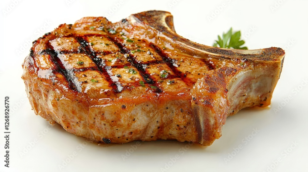 A grilled pork chop with sear marks and garnished with a sprig of parsley. A grilled pork chop with sear marks and garnished with a sprig of parsley.