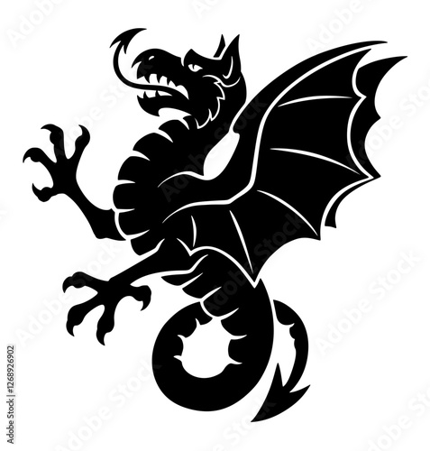 Vector illustration of heraldic creature wyvern, two-legged dragon in black silhouette style.