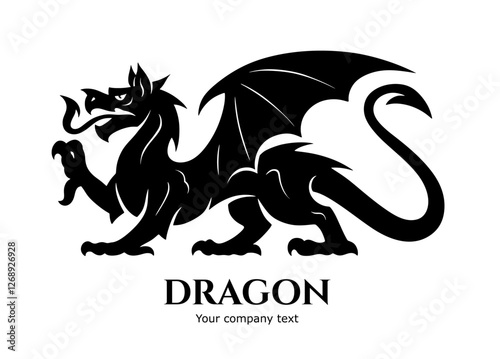 Vector illustration of standing heraldic dragon in black silhouette style with text.