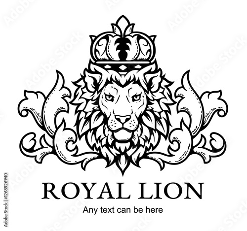 Vector illustration of lion head with crown, ornament and text.