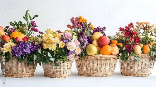 Wallpaper Mural Vibrant Floral Arrangements with Fresh Fruit in Wicker Baskets Springtime Abundance Torontodigital.ca