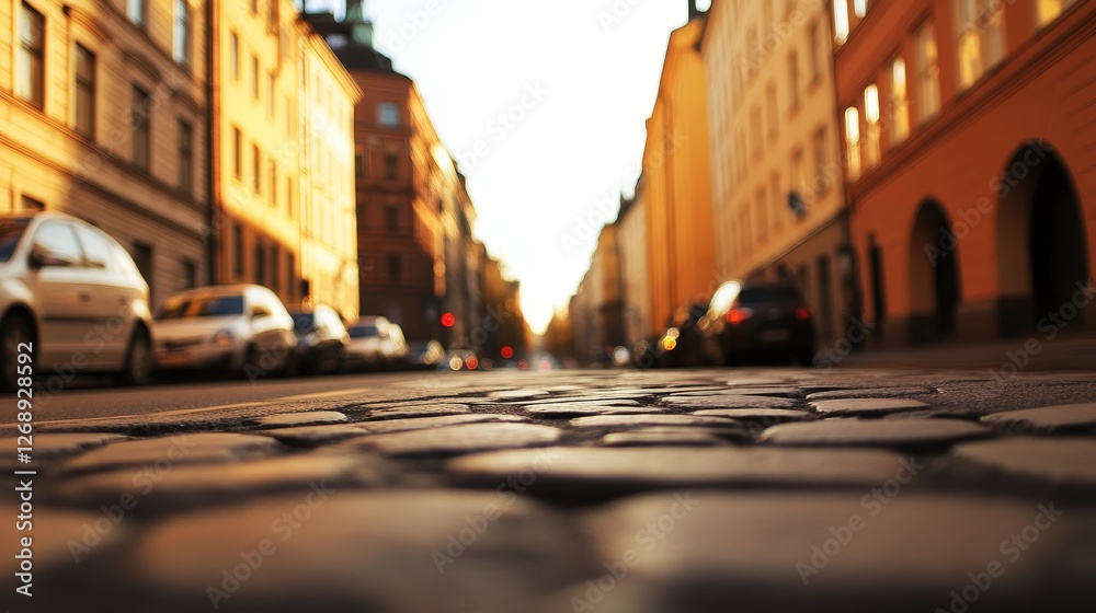 Obraz premium Cobblestone street at sunset with lined cars and historic buildings in a vibrant cityscape