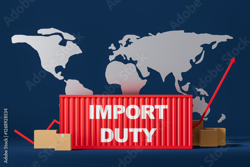 Import duty tariff increase concept with red shipping container, cardboard boxes, and rising arrow in front of world map on dark blue background. 3D Rendering