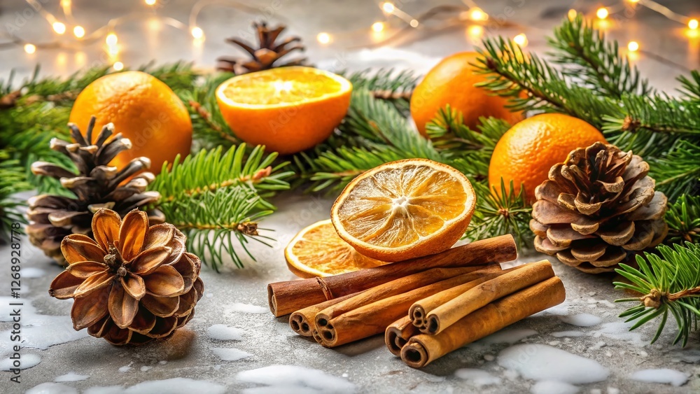 Festive Winter Citrus Still Life: Oranges, Cinnamon, Pine Cones & Fir Branches on Marble Festive Winter Citrus Still Life: Oranges, Cinnamon, Pine Cones & Fir Branches on Marble