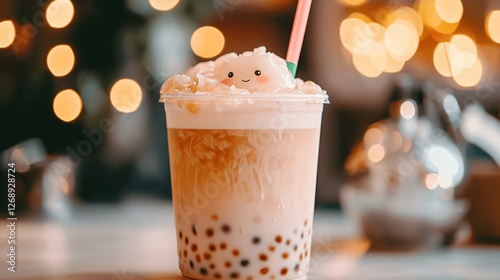 Joyful anime character sipping bubble tea in a vibrant café