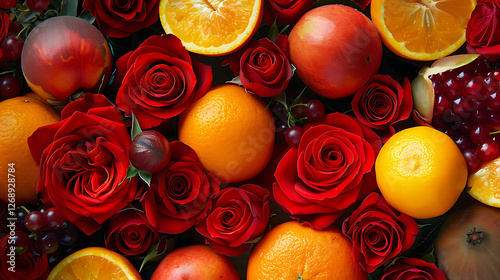 A poster featuring red roses and brilliant orange and yellow fruits placed on top of one another
