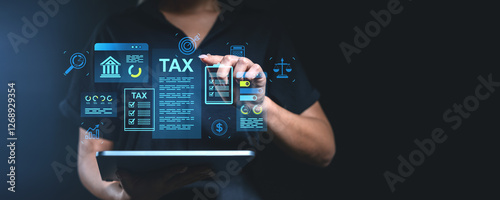 Holographic tax and financial management interface on a tablet screen.