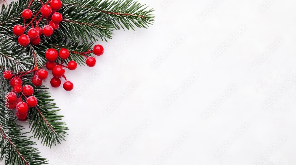 Festive arrangement of red berries and evergreen branches on a white background for holiday decor Festive arrangement of red berries and evergreen branches on a white background for holiday decor