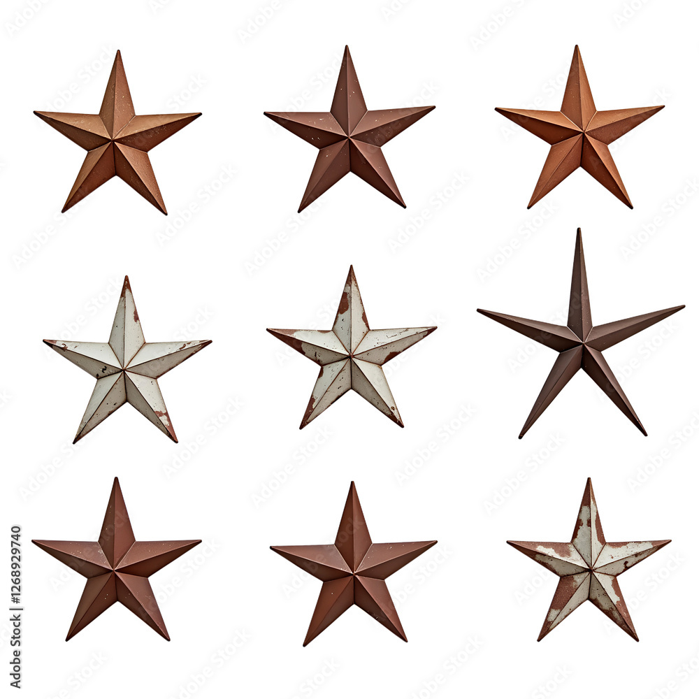 Obraz premium Collection of nine vintage-style metal stars, showing varying shades of brown and distressed white paint isolated on transparent background.