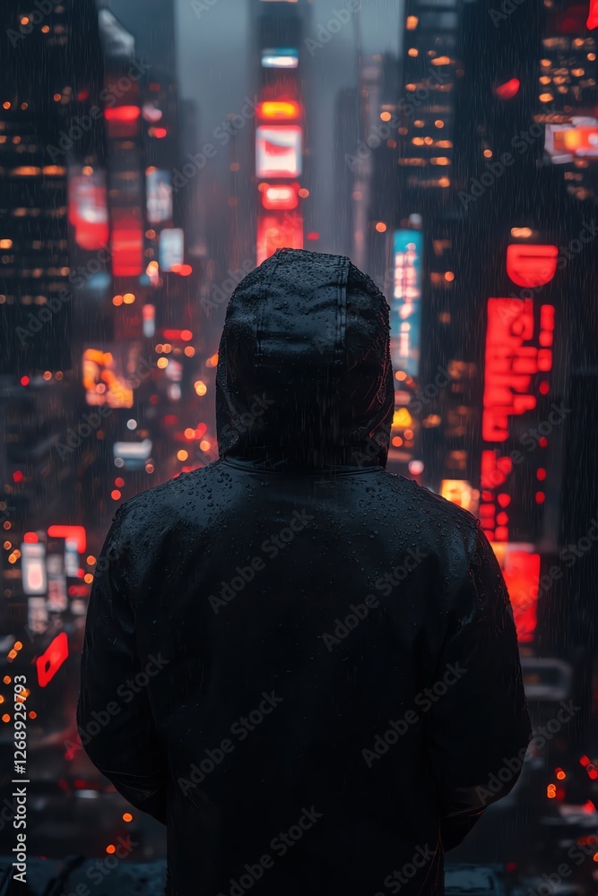 Man in hoodie facing cityscape, bright lights, futuristic feel, back view, moody lighting Man in hoodie facing cityscape, bright lights, futuristic feel, back view, moody lighting