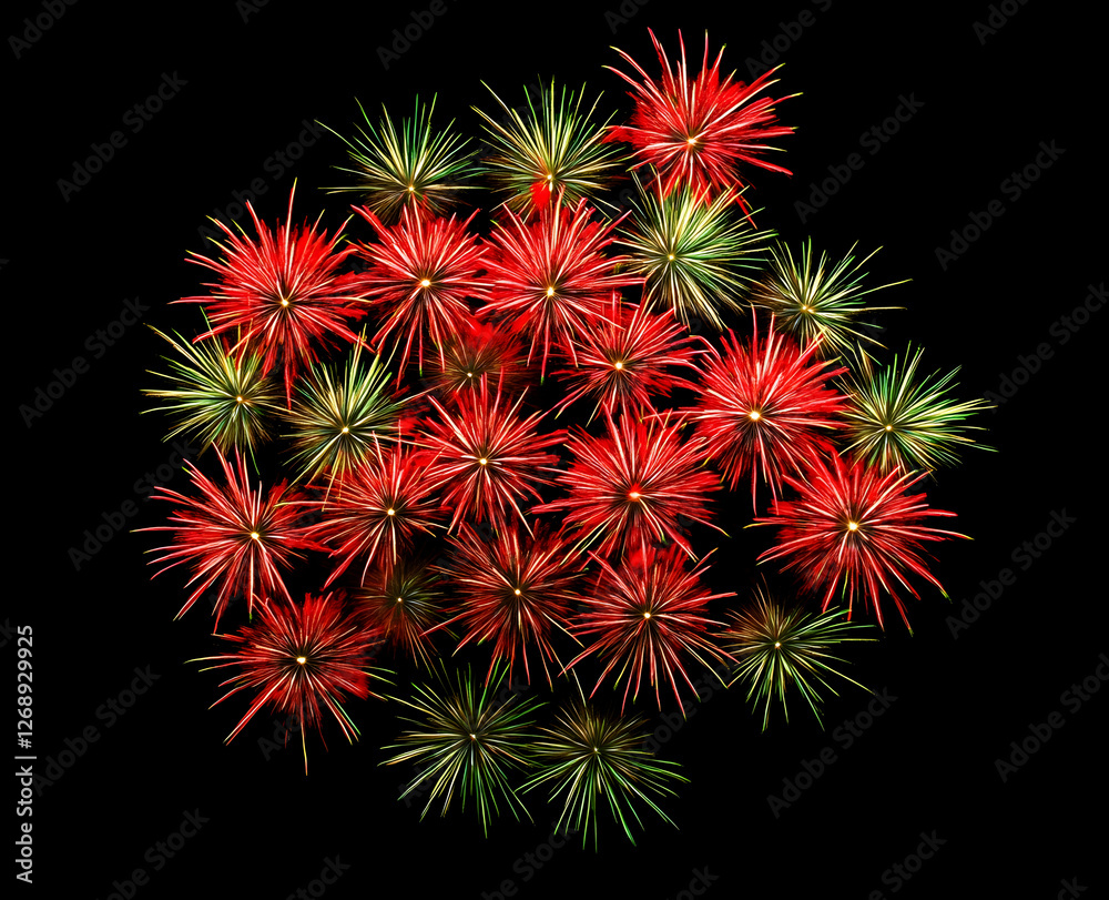 Vibrant red and green fireworks blooming in the night sky, isolated on a black background Vibrant red and green fireworks blooming in the night sky, isolated on a black background