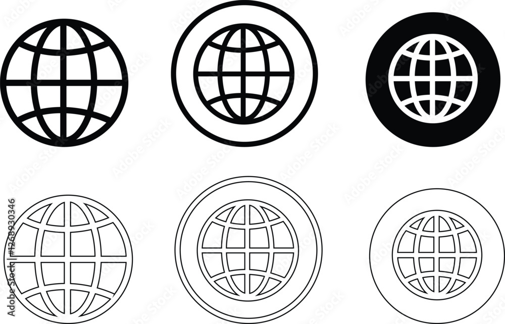 World globe icon set. Vector Earth global country map planet line icons Travel internet globe, hemispheres with continents, globes with world maps, network, sphere isolated on transparent background,
