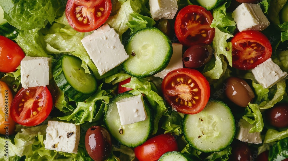 A colorful salad featuring fresh greens, tomatoes, cucumbers, olives, and feta cheese, vibrant and healthy. A colorful salad featuring fresh greens, tomatoes, cucumbers, olives, and feta cheese, vibrant and healthy.