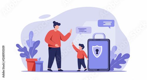 Mother and child engaging with large mobile device, illustrating digital security and communication concepts.