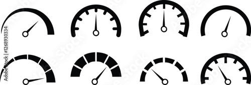 Speedometer, tachometer icon set. Speed indicator sign. Internet car speed. Performance concepts. Speedometer . Fast speed sign. Flat simple icons, gauges from low to high. Minimum to Maximum.