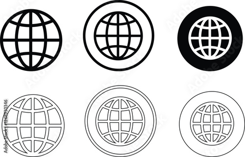 World globe icon set. Vector Earth global country map planet line icons Travel internet globe, hemispheres with continents, globes with world maps, network, sphere isolated on transparent background,