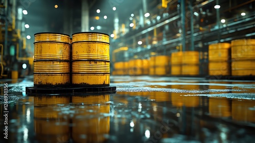 Oil barrels stacked, industrial refinery backdrop, moody lighting, reflective surfaces