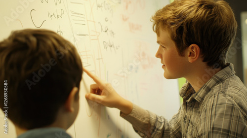 Two Young Boys Engaged in Creative Brainstorming Session Pointing at Whiteboard Filled with Drawings and Diagrams for Collaborative Learning and Problem-Solving