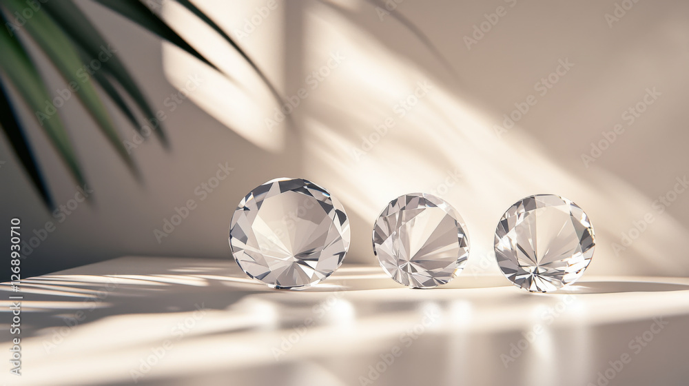 Stylish arrangement of three crystal gems capturing sunlight in a bright room setting Stylish arrangement of three crystal gems capturing sunlight in a bright room setting
