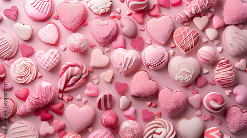 Backdrop covered with pink hued sweets in various heart shapes and sizes photo