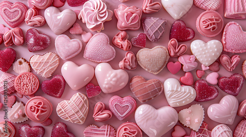 Backdrop covered with pink hued sweets in various heart shapes and sizes photo