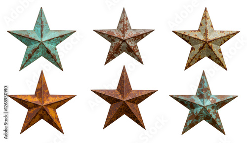 Six rustic metal stars, showcasing a beautiful patina of rust and teal-green, are presented on a transparent background.