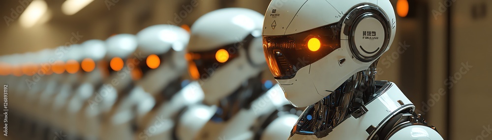 Robots in assembly line, futuristic factory, sharp focus, cool lighting, industrial setting Robots in assembly line, futuristic factory, sharp focus, cool lighting, industrial setting