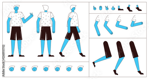 Flat style character constructor for animation. Front, Side, Back view. Separable body parts and different emotions. Simple colorful minimalistic design for advertisement, business, corporate identity