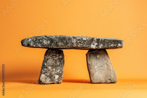 Three large stones form a minimalist dolmen on orange background