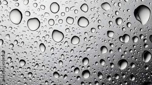 Detailed close up view of numerous small water droplets or condensation beads on a transparent glass surface creating an abstract textured background with a natural fresh and pure appearance photo