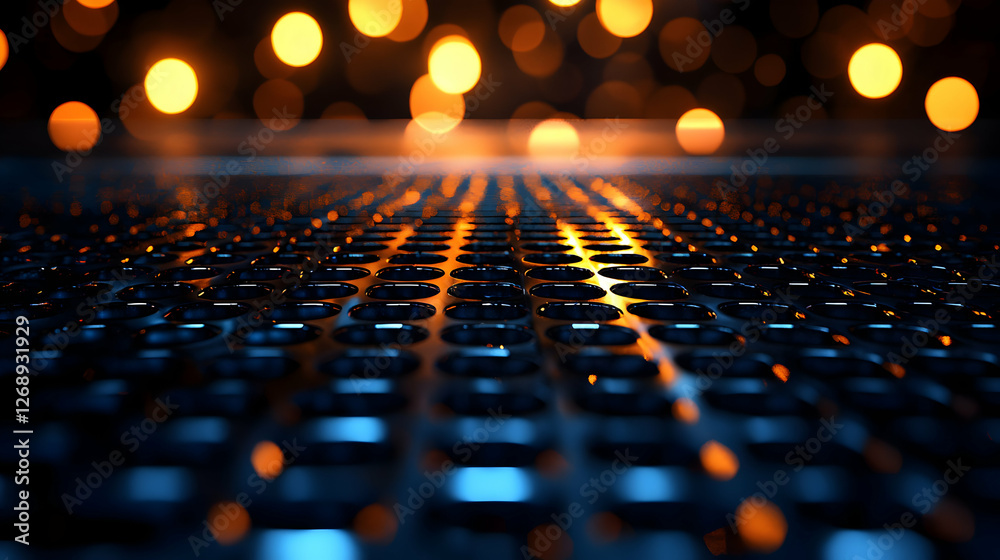 Obraz premium Abstract Metal Grid with Bokeh Lights in Orange and Blue Tones Background
