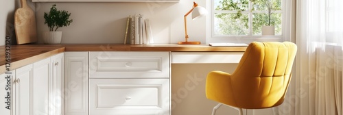 Bright Home Office Corner Desk with Yellow Chair and Books