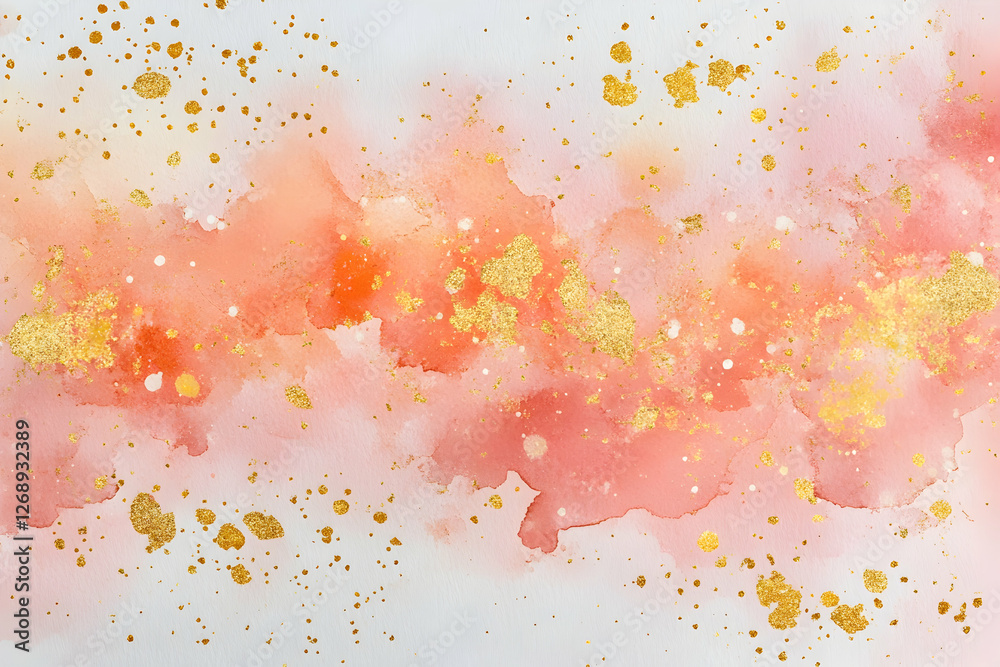 Obraz premium Peach watercolor background with gold glitter and white space for text. 