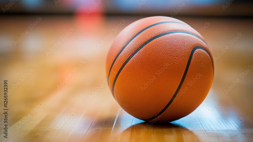 A close-up of a basketball on a polished wooden court surface. A close-up of a basketball on a polished wooden court surface.