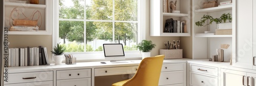 Bright Home Office With Built In Bookshelves And Window View