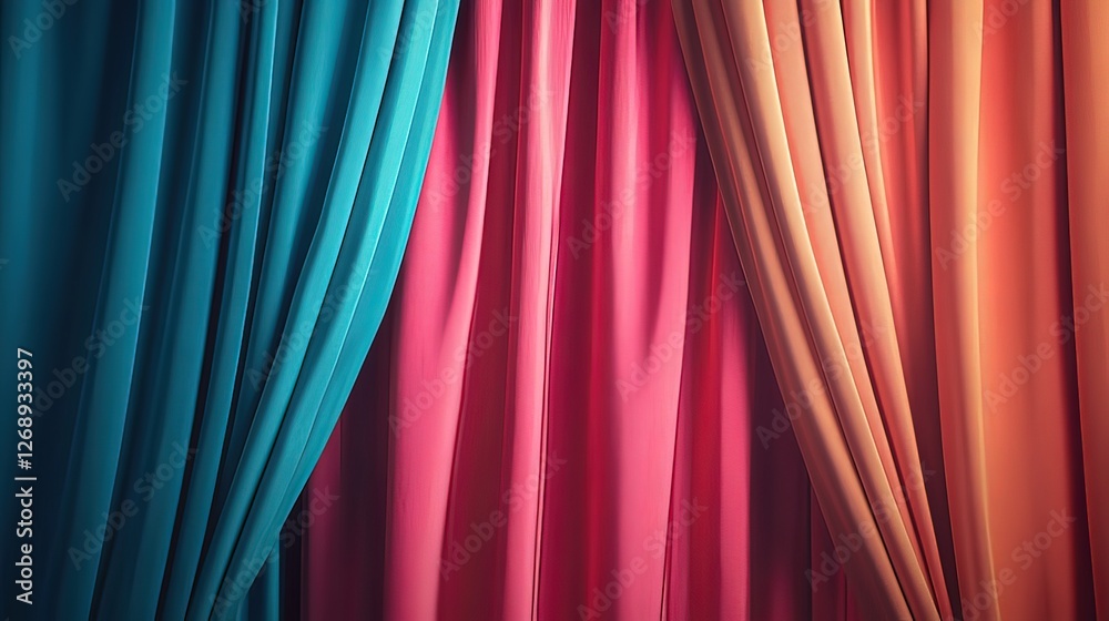 Fototapeta premium Curtain unveils vibrant hues, abstract backdrop, soft light; a moment of discovery and transformation.