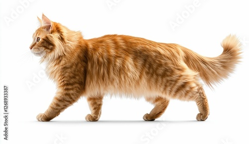 Fluffy Ginger Cat Walking on White Background