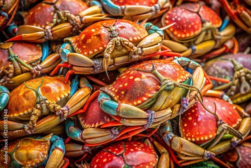 Fresh Crabs Tied Ready for Cooking Vibrant Seafood Market photo