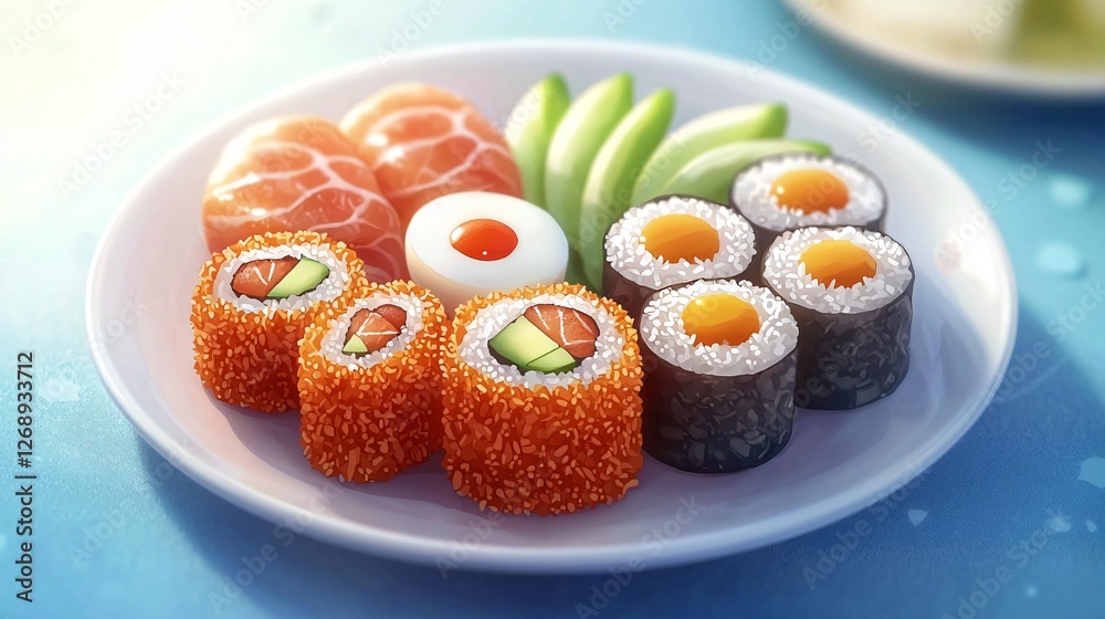 A delightful anime-style kimbap platter with colorful fillings and artistic presentation A delightful anime-style kimbap platter with colorful fillings and artistic presentation