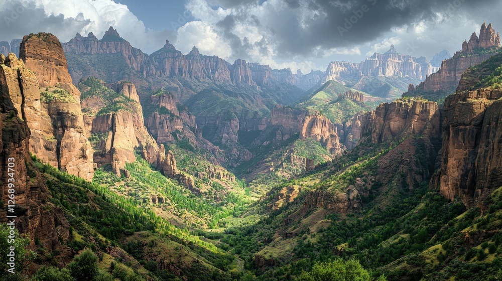 Fototapeta premium Mountain Valley Landscape Under Cloudy Sky