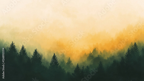 Serene Landscape of Tall Pine Trees Silhouetted Against a Soft Orange Sunrise in a Misty Forest Setting Evoking Calm and Tranquility