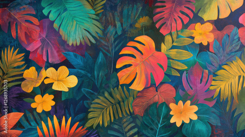 Vibrant Tropical Leaves and Flowers Pattern with a Rich Color Palette Showcasing A Lush and Exotic Jungle Vibe Perfect for Nature Lovers and Designers
