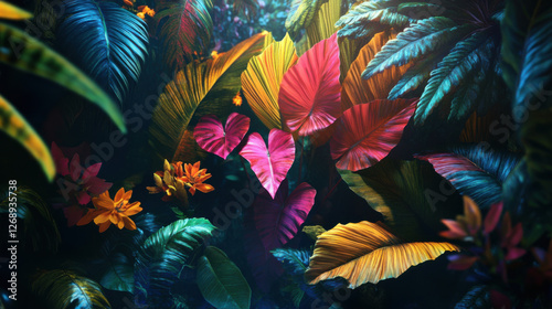 Vibrant Tropical Foliage with Heart-Shaped Leaves Surrounded by Colorful Flora in a Lush Jungle Setting Perfect for Nature and Botany Themes
